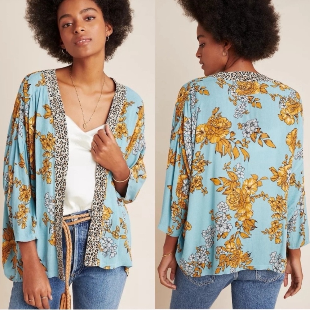 Anthropologie Andersen & Lauth Zoe Leopard-Trimmed Floral Kimono Cardigan, O/S